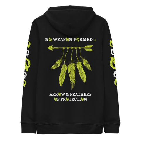 NO WEAPON FORMED 'ARROW & FEATHERS OF PROTECTION' NEON GREEN/WHITE/BLACK - Unisex essential eco hoodie