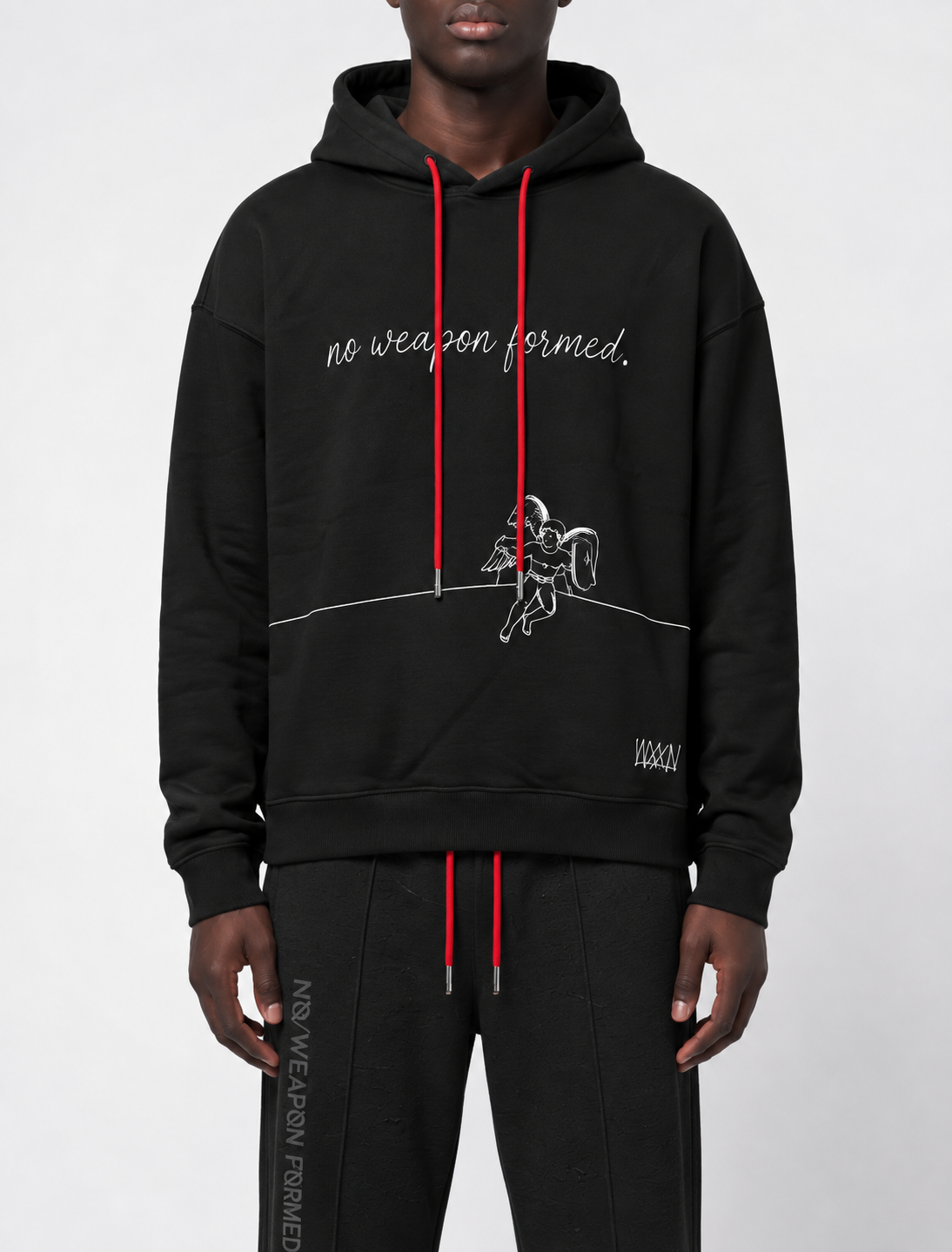 BLACK EMBROIDERED STRING ANGEL HOODIE - SCRIPTED ANGEL COLLECTION
