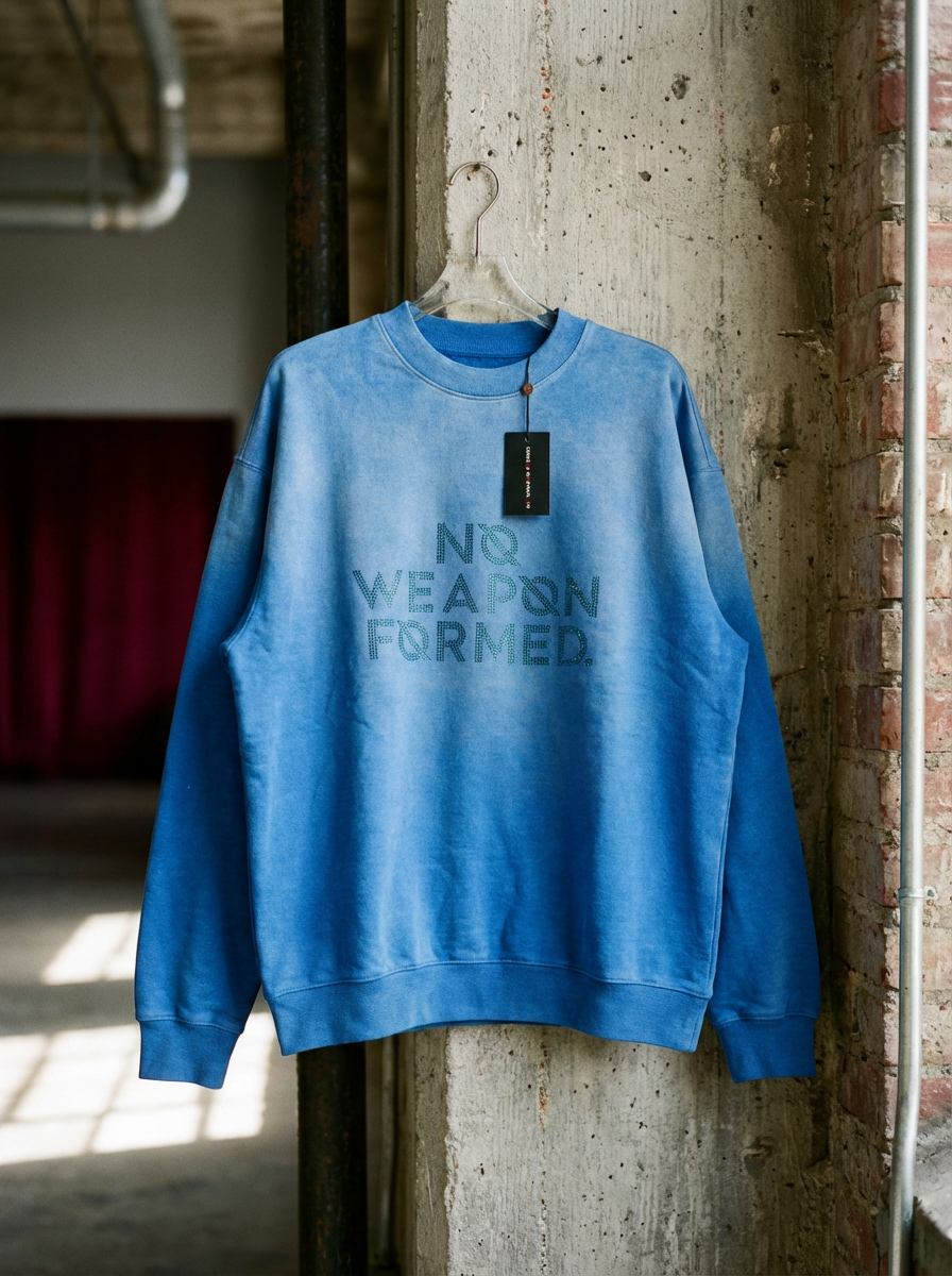 Blue NO WEAPON FORMED® Rhinestone Logo Washed Crewneck Sweatshirt