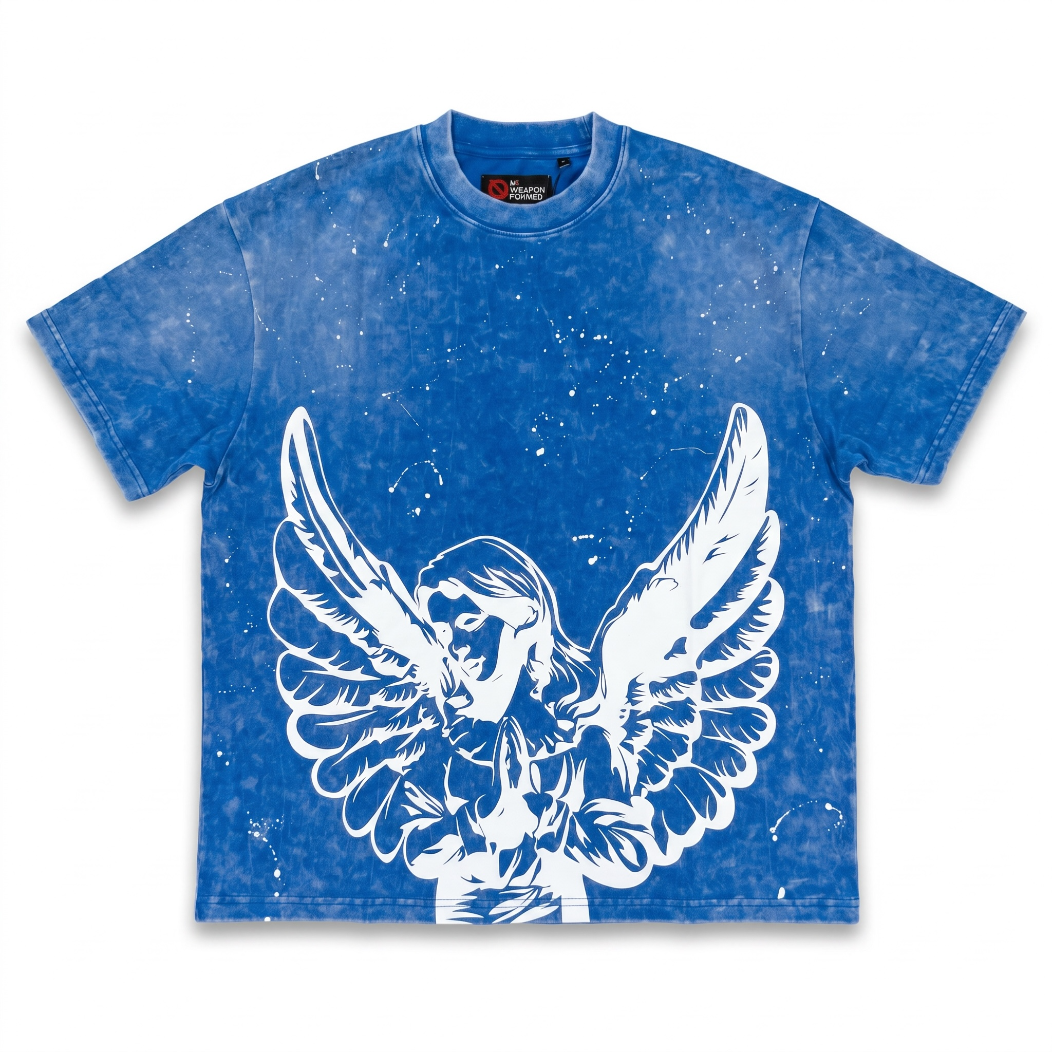 PRAYING ANGEL WASHED & PAINT SPLATTER BLUE T SHIRT - No Weapon Formed®