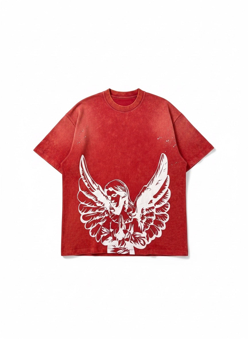 PRAYING ANGEL WASHED & PAINT SPLATTER RED T SHIRT - No Weapon Formed®