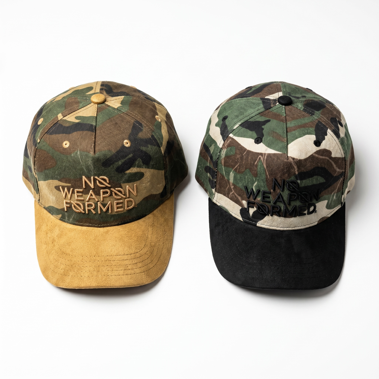 Stained Tan / White Camo Suede Brim 5 Panel Logo Hat - No Weapon Formed®