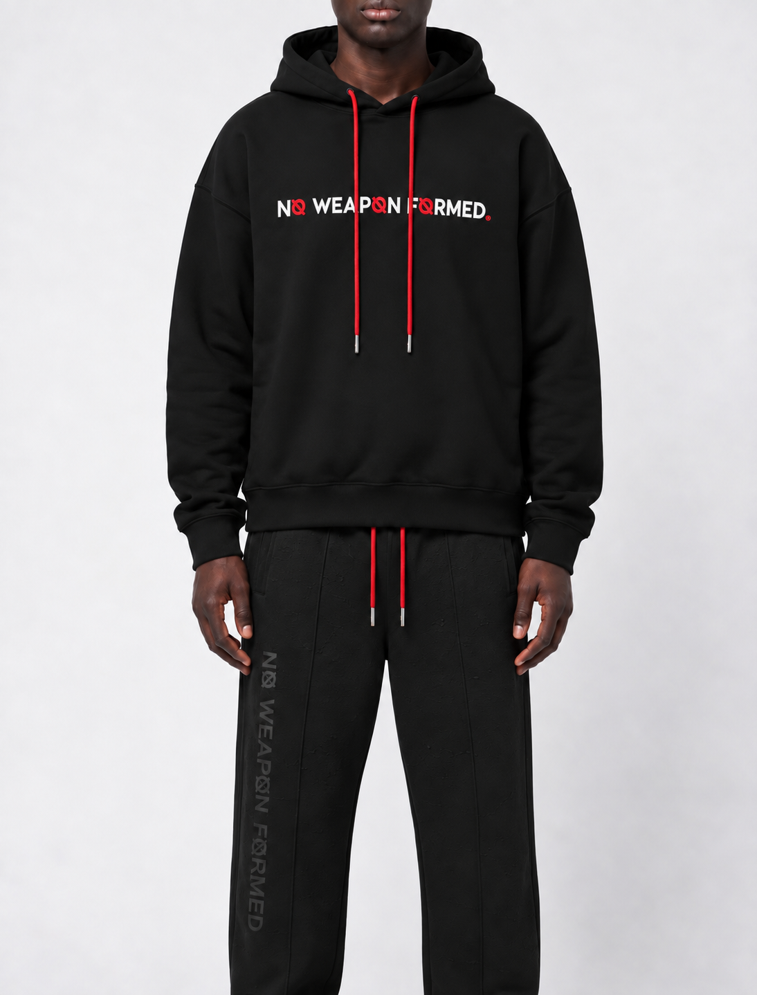 Black Satin Embroidered No Weapon Formed® Logo Hoodie