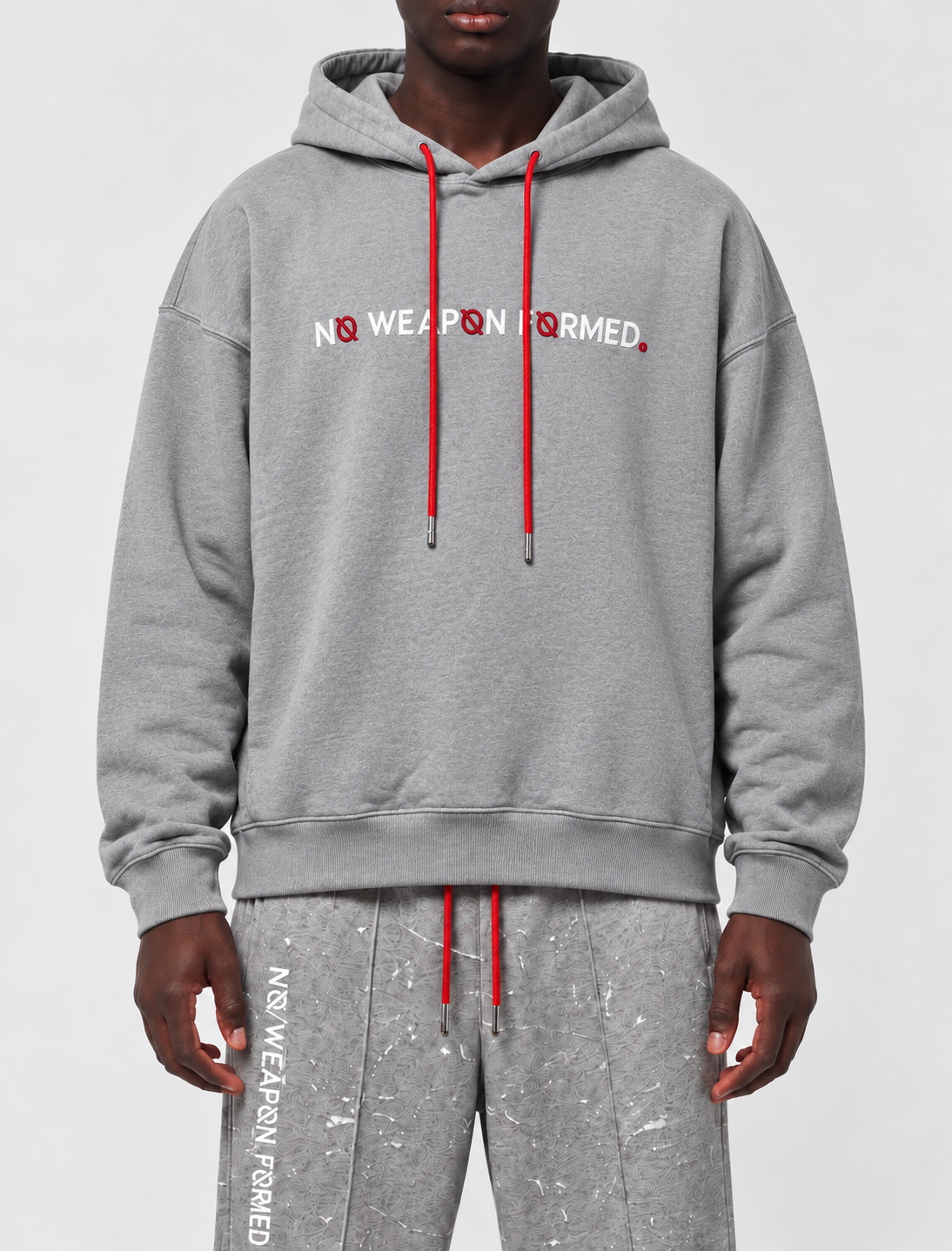 Gray Satin Embroidered No Weapon Formed® Logo Hoodie