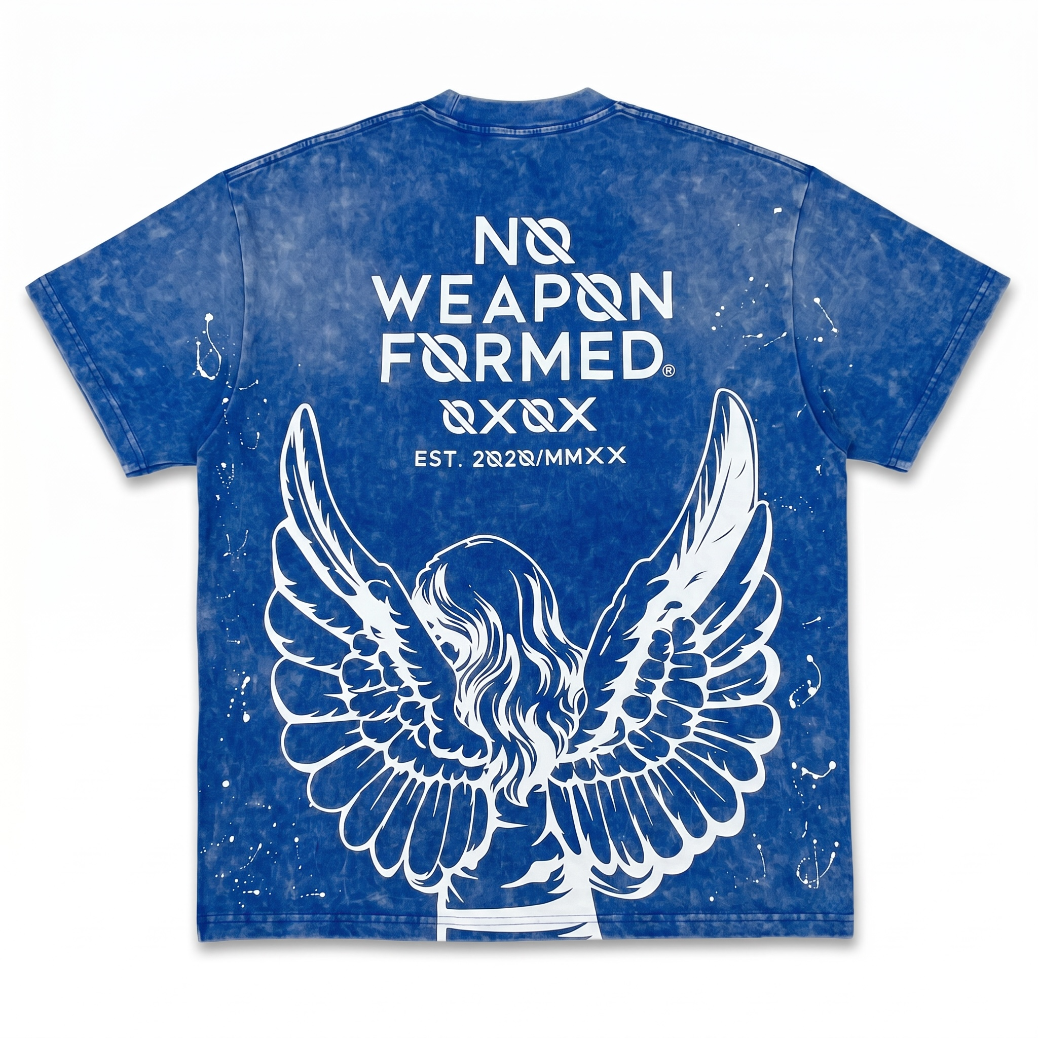 PRAYING ANGEL WASHED & PAINT SPLATTER BLUE T SHIRT - No Weapon Formed®