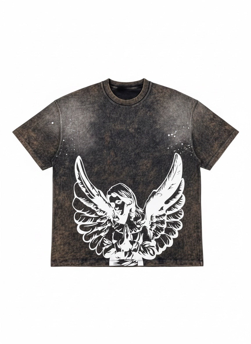 PRAYING ANGEL WASHED & PAINT SPLATTER  BLACK T SHIRT - No Weapon Formed®