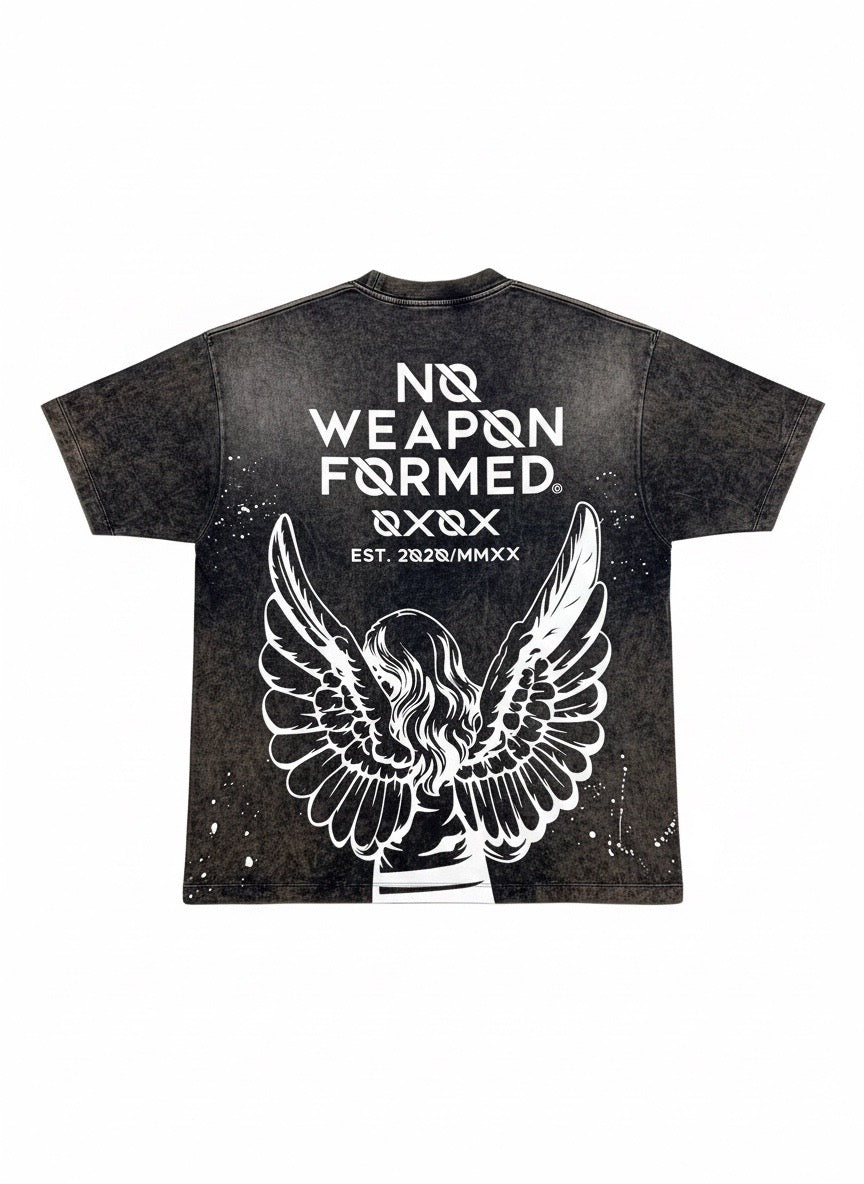 PRAYING ANGEL WASHED & PAINT SPLATTER  BLACK T SHIRT - No Weapon Formed®