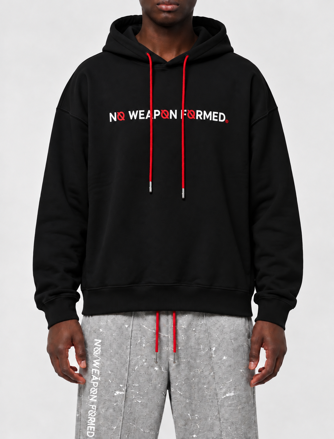 Black Satin Embroidered No Weapon Formed® Logo Hoodie