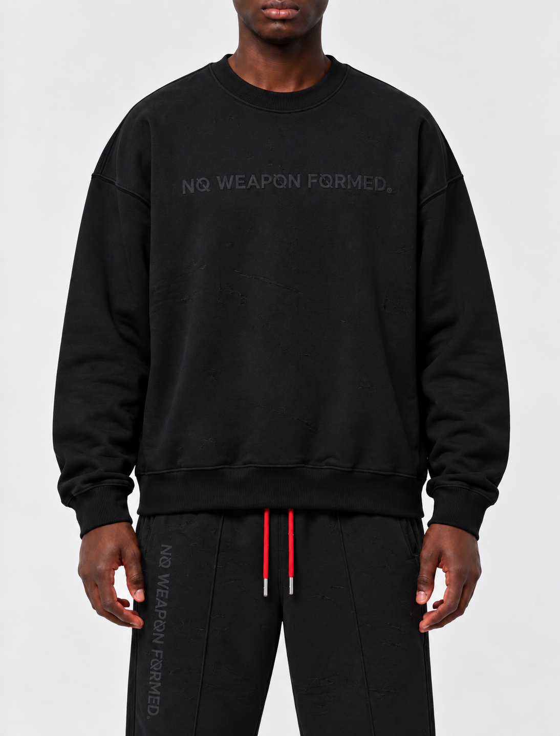 LASER ETCHED NO WEAPON FORMED® BLACK SWEAT SUIT / RHINESTONE SWEATSHIRT