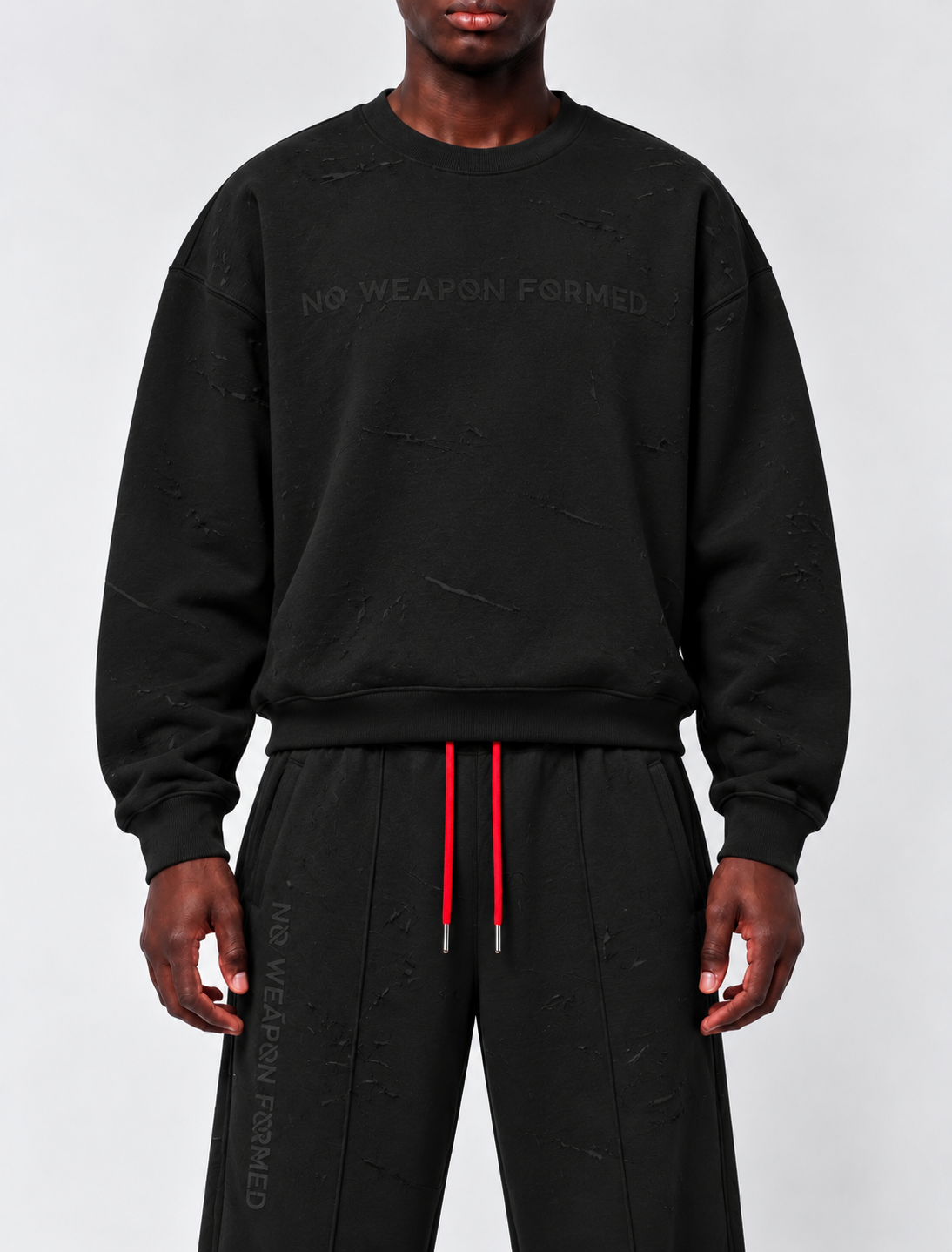 LASER ETCHED NO WEAPON FORMED® BLACK SWEAT SUIT / RHINESTONE SWEATSHIRT