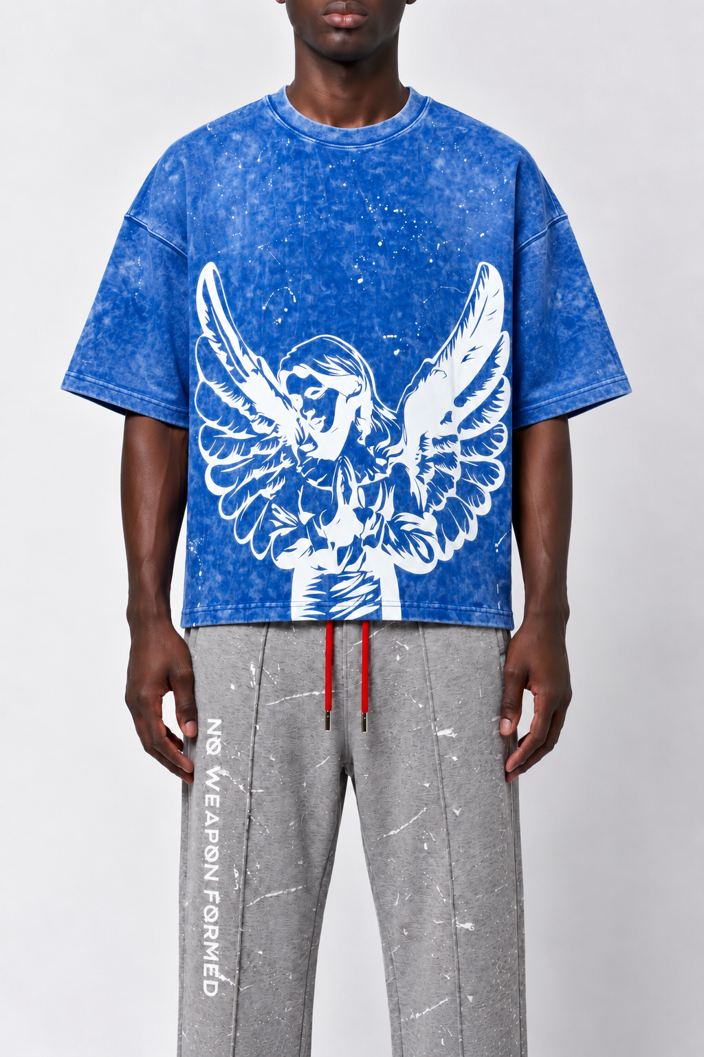 PRAYING ANGEL WASHED & PAINT SPLATTER BLUE T SHIRT - No Weapon Formed®