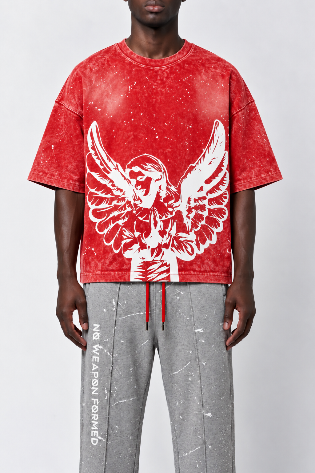 PRAYING ANGEL WASHED & PAINT SPLATTER RED T SHIRT - No Weapon Formed®