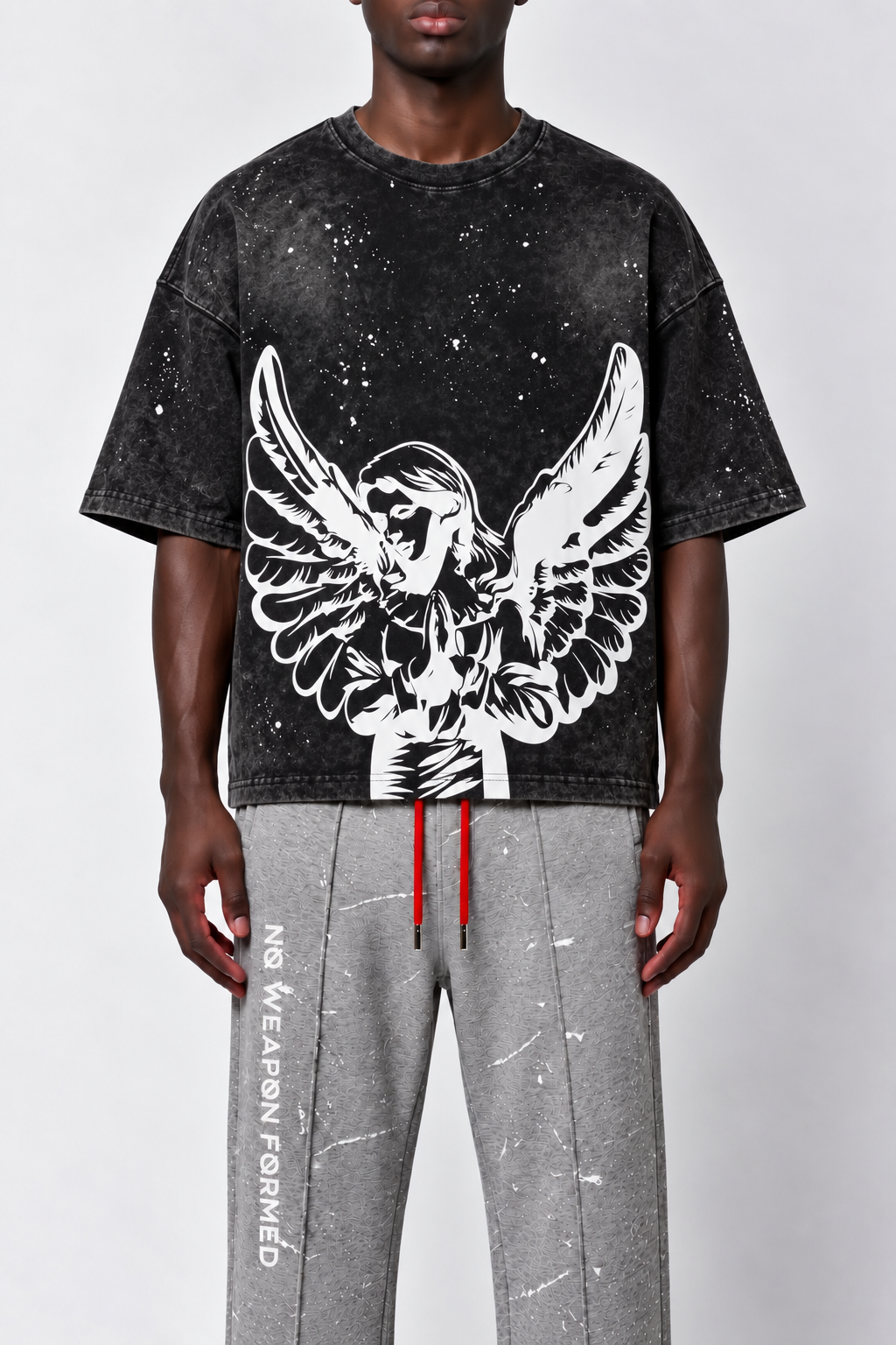 PRAYING ANGEL WASHED & PAINT SPLATTER  BLACK T SHIRT - No Weapon Formed®