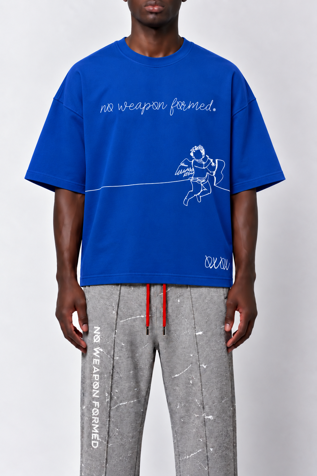 STRING ANGEL EMBROIDERED NO WEAPON FORMED BLUE  T SHIRT
