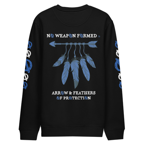 NO WEAPON FORMED 'ARROW & FEATHERS OF PROTECTION' BLUE/WHITE - Unisex eco sweatshirt