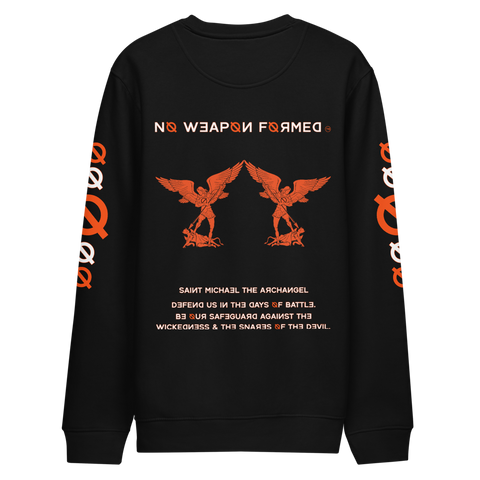 NO WEAPON FORMED 'SAINT MICHAEL THE ARCHANGEL' ORANGE/WHITE/BLACK - Unisex eco sweatshirt