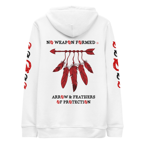 NO WEAPON FORMED 'ARROW & FEATHERS OF PROTECTION' WHITE/RED/BLACK - Unisex essential eco hoodie