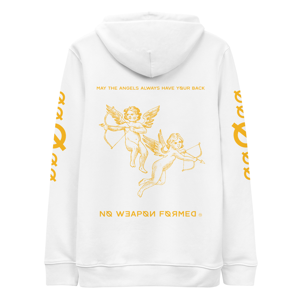 NO WEAPON FORMED 'ANGELS GOT YOUR BACK' BLACK/WHITE/YELLOW - Unisex essential eco hoodie