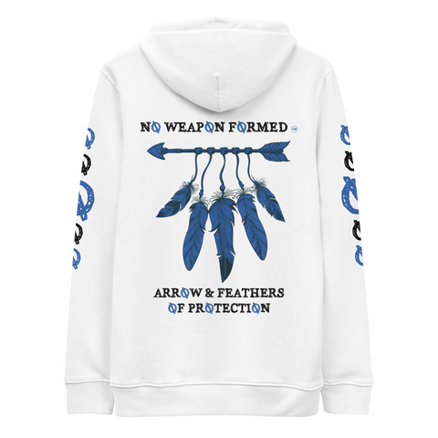 NO WEAPON FORMED 'ARROW & FEATHERS OF PROTECTION' BLUE/WHITE - Unisex essential eco hoodie