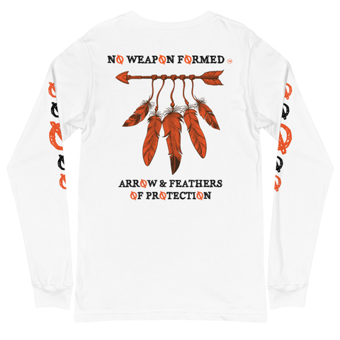 NO WEAPON FORMED 'ARROW & FEATHERS OF PROTECTION' ORANGE/WHITE/BLACK - Unisex Long Sleeve Tee
