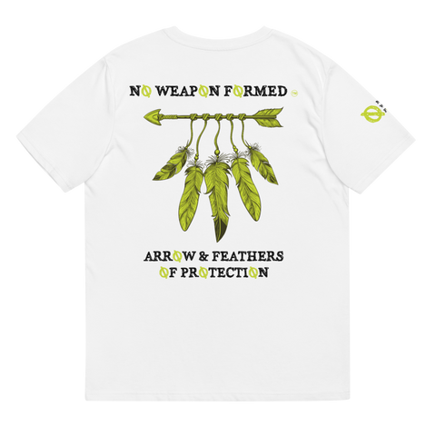 NO WEAPON FORMED 'ARROW & FEATHERS OF PROTECTION' NEON GREEN/BLACK/WHITE - Unisex organic cotton t-shirt